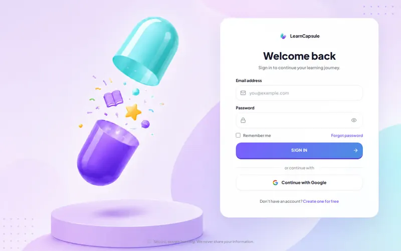 LearnCapsule sign-in screen with capsule illustration